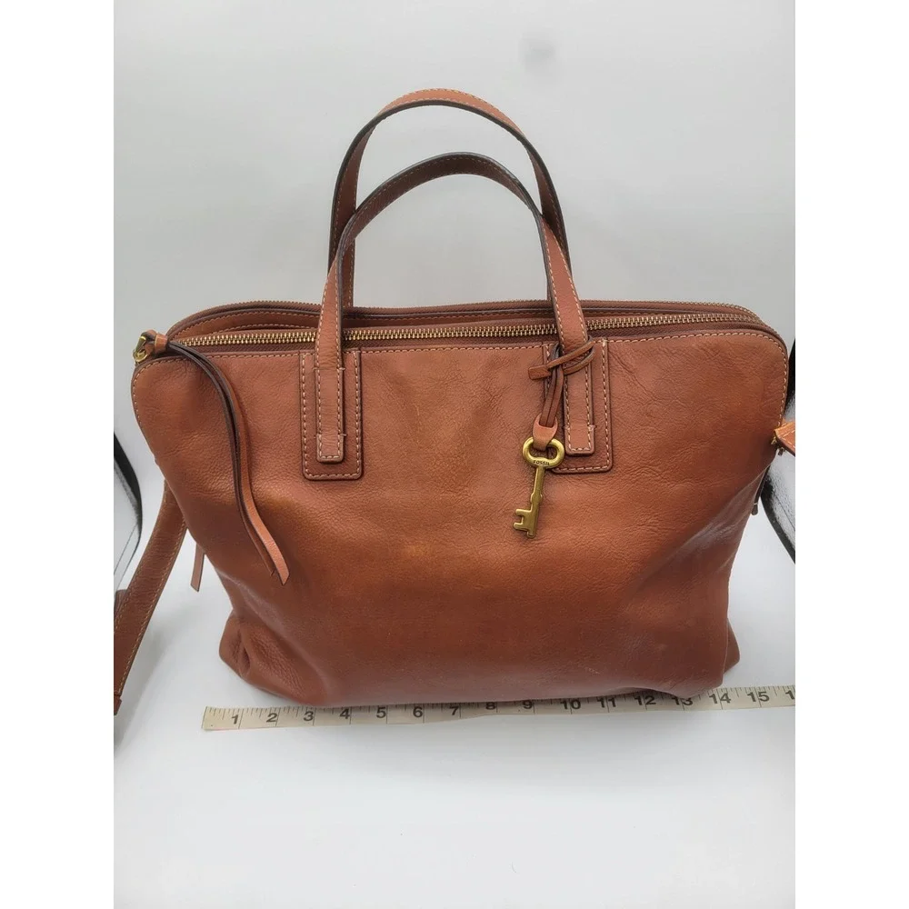 Fossil Rachel Satchel Brown Leather Triple Compartment Crossbody Laptop Bag